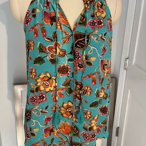 Rose & Olive Floral Shirt Sleeve Top in Teal -Size Small